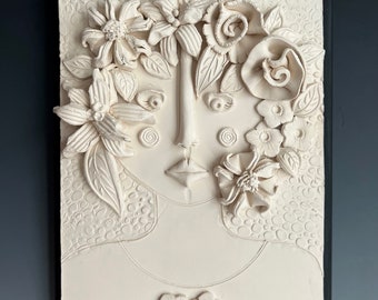 WALL PLAQUE, FEMALE Clay WAll Plaque, Clay Flowers, Clay Sculpture, Female Sculpture, Ceramic Sculpture, Ceramic and Wood Wall Plaque