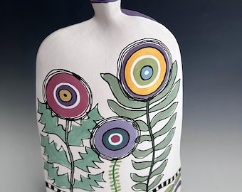 Hand-Painted Ceramic Vase: Three-Sided Floral Bottle (10.5" Tall)