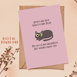 Cartão de dia dos namorados para ele, aniversário digital para download, violetas são vermelhas, presente de poema engraçado de gato namorado, namorada, marido, amante de gatos