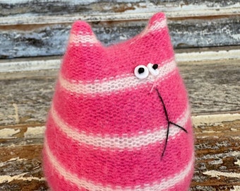 Stuffed Cat Doll - Pink Striped Cat -Toy Cat Stuffie - Soft Kitty - Pink Cashme Cat Doll - Cat Lover Gift - Handmade Eco Friendly Cat