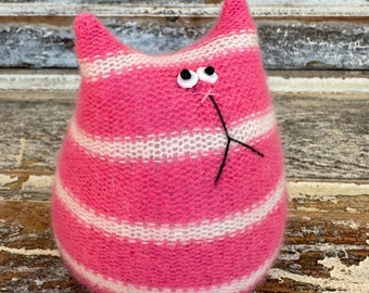 Stuffed Cat Doll - Pink Striped Cat -Toy Cat Stuffie - Soft Kitty - Pink Cashmere Cat Doll - Cat Lover Gift - Handmade Eco Friendly Cat