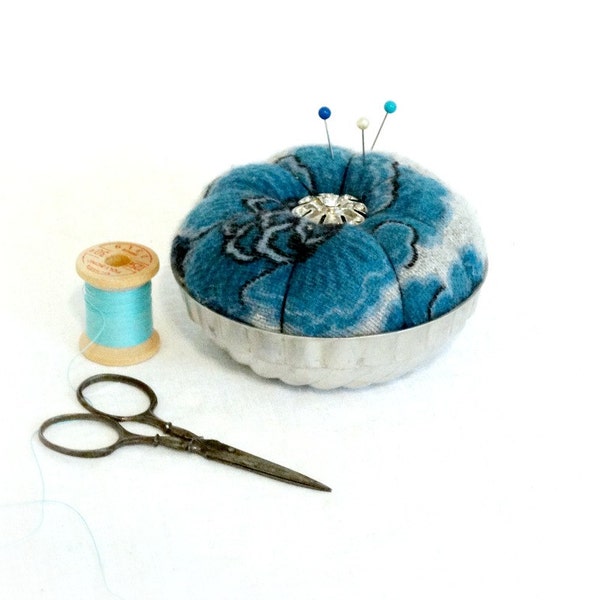 Floral Pin Cushion Tin - Cashmere Pincushion - Vintage Pin Keep - Blue Floral Pincushion - Tart Tin Pincushion - Up-cycled Cashmere Sweater