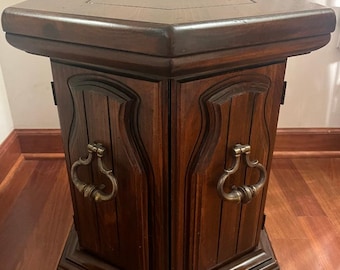Vintage Hexagonal Solid Wood Side/ End Table with Double Door Compartment. Brass Handles. Heavy.  21"H