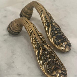 May include: Two matching brass door handles featuring an ornate, raised relief pattern of scrolling leaves and a shell-like motif at the base. The metal has a warm, aged golden tone with dark recessed areas that highlight the intricate decorative details.