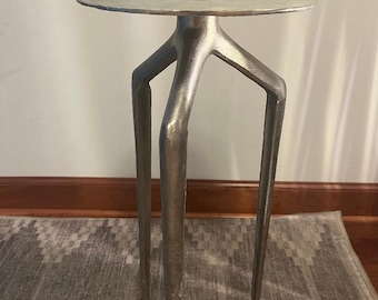 Solid Metal Modern Industrial Style with Brutalist Texture Handcrafted Tripod Plant Stand/ Accent/ Martini Table. Round Top.  20 3/4"H