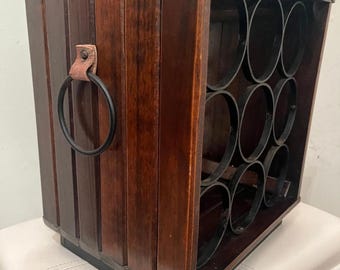 Vintage Solid Wood / Wrought Iron Wine Rack. Holds 9 Bottles. Brass/ Genuine Leather Accents. 14.5"H. Vintage Barware.