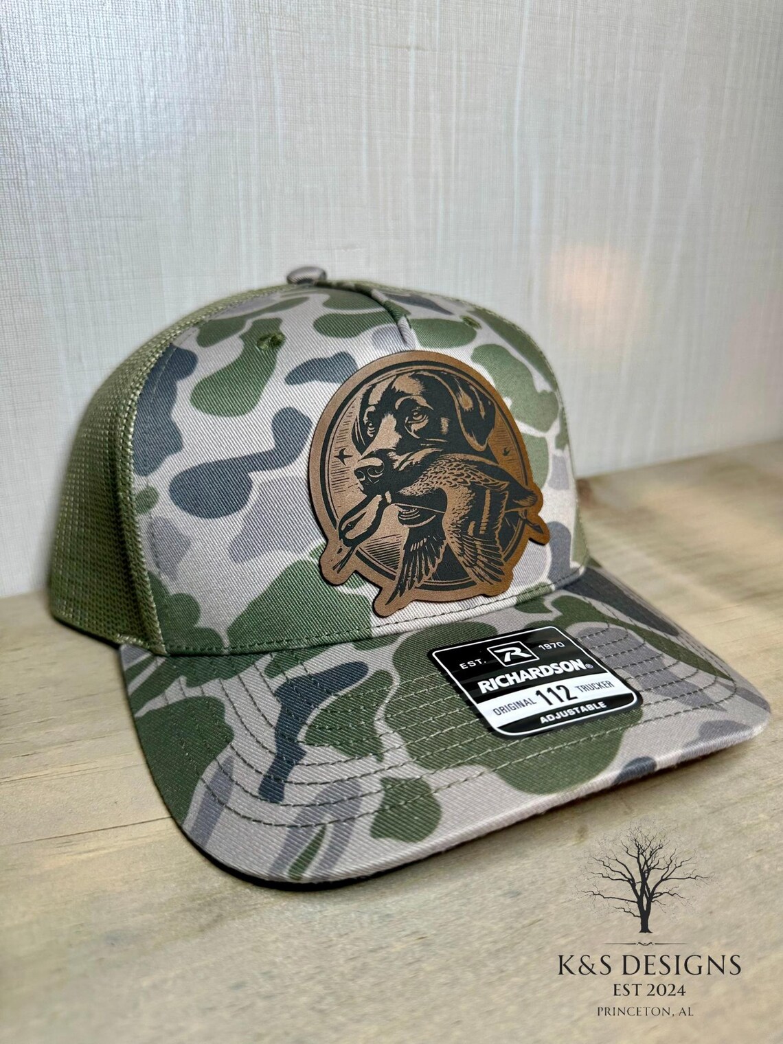 Old School Duck Camo Trucker Hat With Leather Laborador Duck Hunting