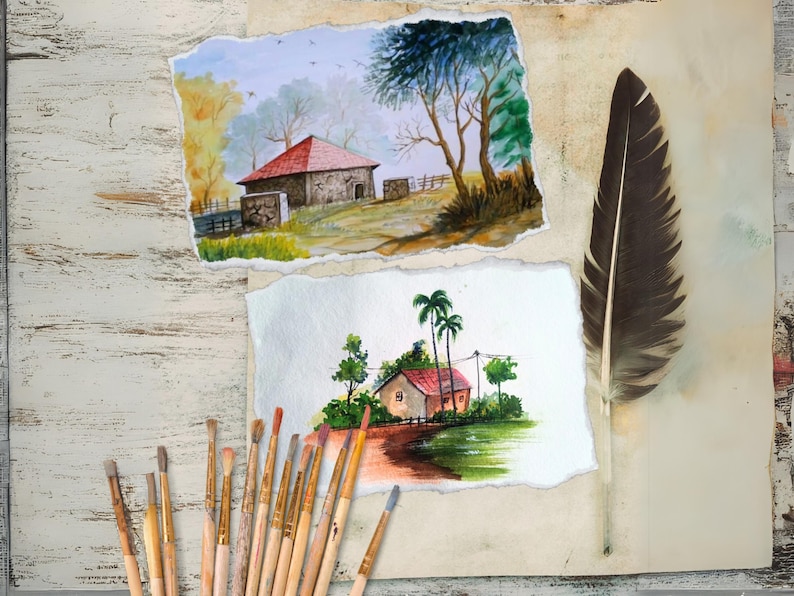 Op de afbeelding: Aquarel schilderijen van huizen met rode daken en bomen op gescheurd papier. Een grote veer en penselen staan ook in de afbeelding. De schilderijen hebben een rustiek, landelijk thema.