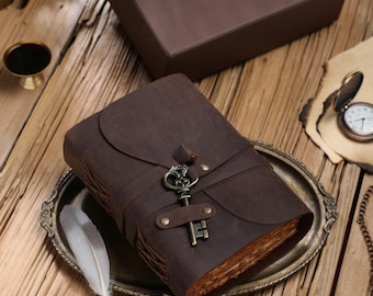 Handmade Vintage Leather Journal with Key Lock, Grimoire, Sketchbook