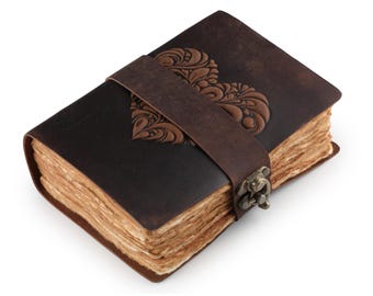 Handmade Embossed Heart Leather Journal with Antique Lock