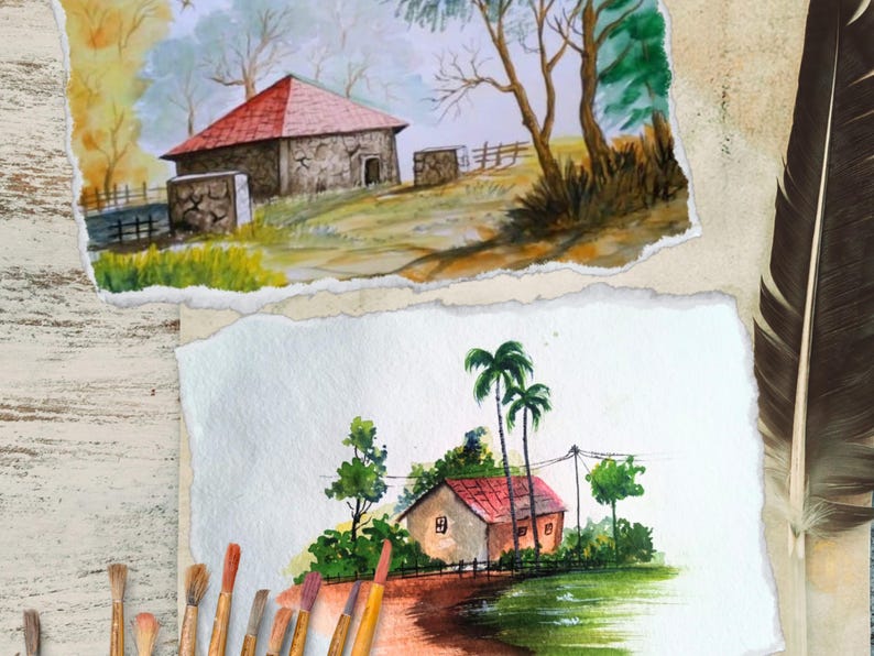 Op de afbeelding: Aquarel schilderijen van landelijke taferelen. E&eacute;n toont een stenen gebouw met een rood dak, de andere een huis met palmbomen. Penselen zijn linksonder gerangschikt en rechts een veer.