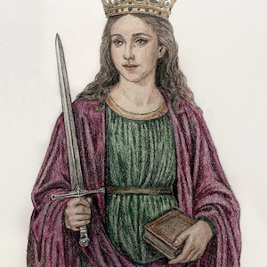 May include: A colour pencil illustration of a woman wearing a gold crown, holding a sword and a book. She is dressed in a green tunic and a purple cloak. The artwork has a medieval or historical theme.