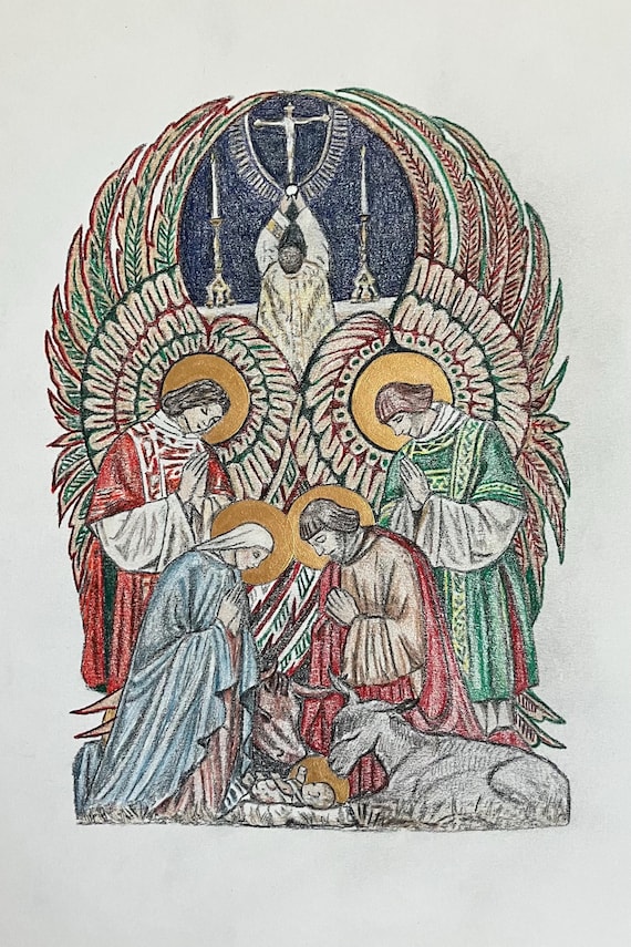 Nativity Scene Print - Gold & Prismacolor Pencil, 4x6”