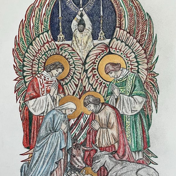 Nativity Scene Print - Gold & Prismacolor Pencil, 4x6”