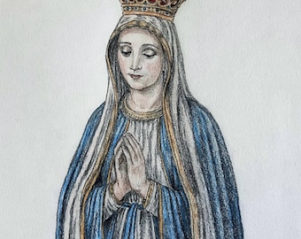Our Lady of Fatima Print – Handmade Sketch, Gold Paint (4x6 inch)