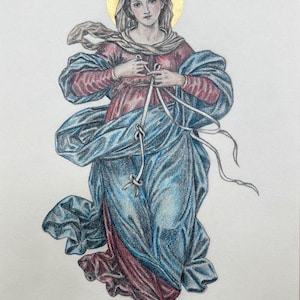 May include: A colored pencil drawing of a woman with a gold halo, wearing a red and blue gown. She is holding a white ribbon with a knot. The artwork has a classical, religious theme.
