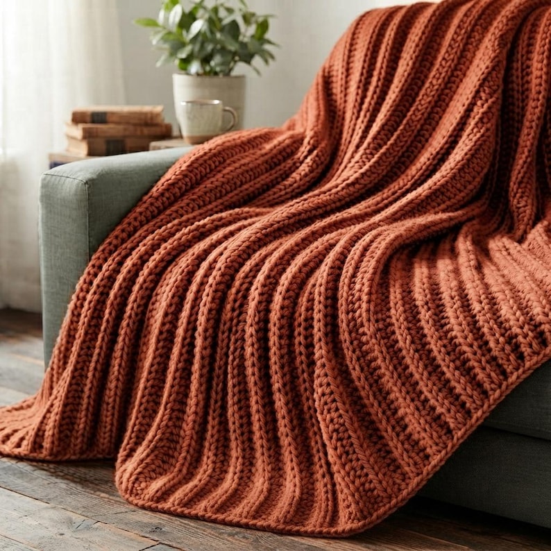 May include: A chunky knit throw blanket in a solid burnt orange color featuring a prominent vertical ribbed texture. The thick yarn creates deep, raised ridges throughout the fabric, which is draped over the arm of a gray upholstered sofa.