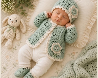 Baby Cardigan with Hat Booties Crochet Pattern – Newborn Baby Dress Crochet Pattern – Baby Crochet Set Pattern – All Sizes (PDF Pattern)