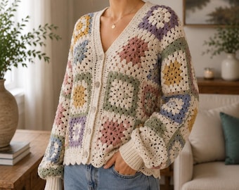 Granny Square Cardigan Crochet Pattern – Vintage Sweater Cardigan Pattern – Beginner Crochet Sweater Pattern – All Sizes (PDF Pattern)