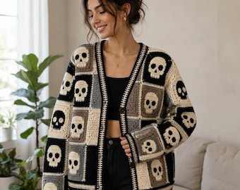 Halloween Skull Cardigan Crochet Pattern – Amigurumi Skeleton Sweater Cardigan Pattern – Gothic Crochet Sweater Pattern – All Sizes (PDF)