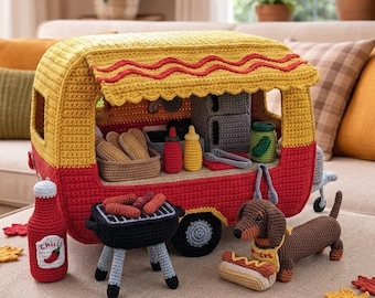 Hot Dog Trail Cabin Crochet Pattern – Amigurumi miniature Foot Cart Crochet Pattern – Crochet Food Decor – Hotdog Crochet | PDF Pattern