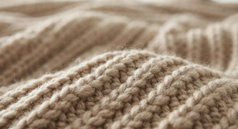 May include: A close-up view of a beige knitted fabric featuring a prominent ribbed texture. The knit pattern consists of vertical columns of raised stitches that create a soft, dimensional surface with a consistent light tan color throughout the textile.