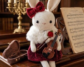 Violin Rabbit Bunny Doll Pattern – Bunny with Violin Crochet Pattern – Amigurumi Bunny Crochet Pattern with Dress – PDF Pattern | English