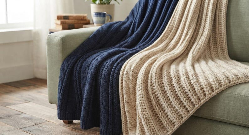 May include: A pair of thick, knitted blankets draped over a sofa. One blanket is a deep navy blue with a vertical cable knit texture, while the other is a light beige with a prominent ribbed knit pattern, both featuring a soft, chunky yarn construction.
