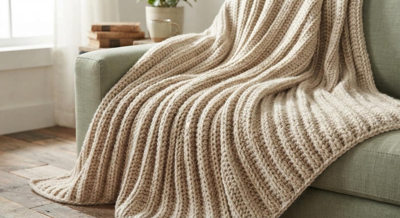 May include: A beige crochet throw blanket featuring a prominent vertical ribbed texture. The blanket is draped over a sage green sofa, showcasing thick yarn loops and a consistent knit pattern throughout the entire length of the fabric.