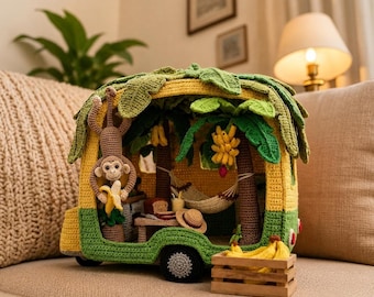 Banana Cabin Van Crochet Pattern – Amigurumi miniature Banana Cart Crochet Pattern – Jungle Caravan Pattern – Banana Crochet | PDF