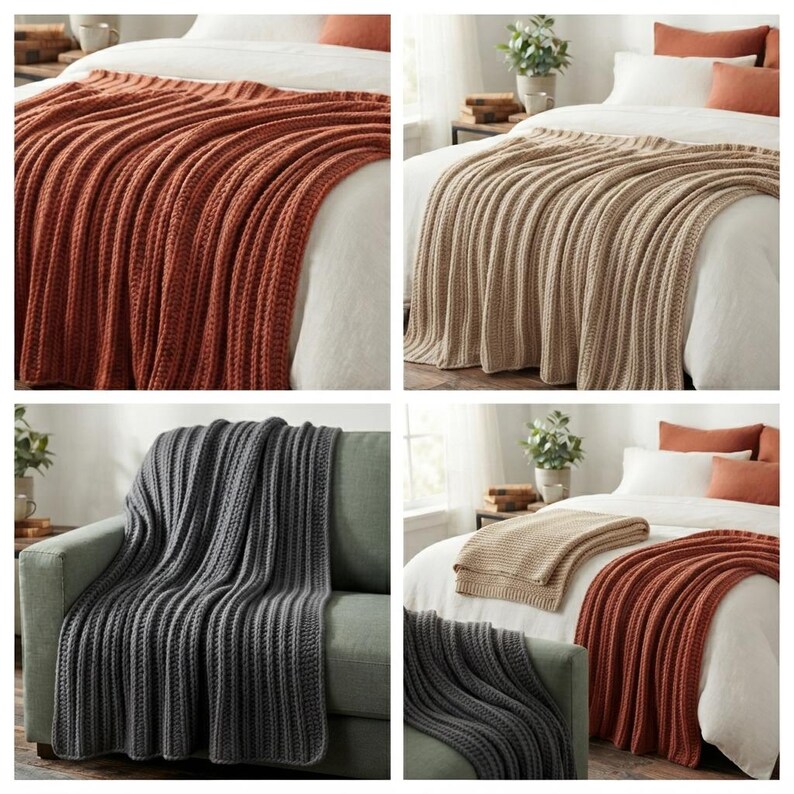 May include: A collection of ribbed knit throw blankets in solid colors including burnt orange, beige, and dark gray. The blankets feature a consistent vertical texture and are displayed draped over beds and a sofa, showcasing their drape and knit pattern.
