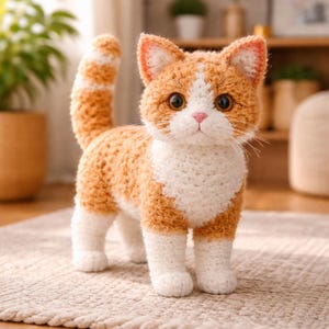 May include: A handmade crochet cat in orange and white. The cat has large, expressive eyes, a pink nose, and a striped tail. The crochet work is detailed, giving the cat a soft, plush appearance. The cat is standing on a neutral-colored rug.
