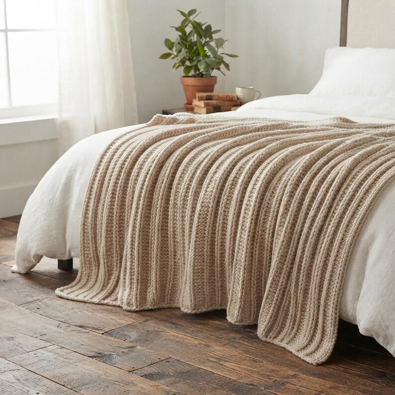 May include: A beige knitted throw blanket with a prominent vertical ribbed texture draped over a white bed. The blanket features a thick, chunky yarn construction with consistent parallel lines running the length of the fabric, creating a soft, layered appearance.