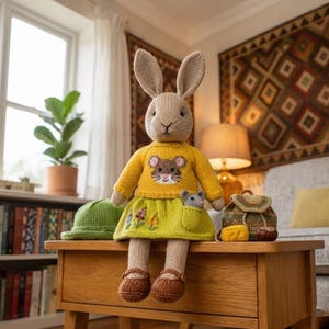 May include: A knitted rabbit doll wearing a yellow sweater with a mouse face graphic and a lime green skirt featuring embroidered flowers. The doll has brown shoes, a small mouse in its pocket, a green hat, and a small patterned backpack.