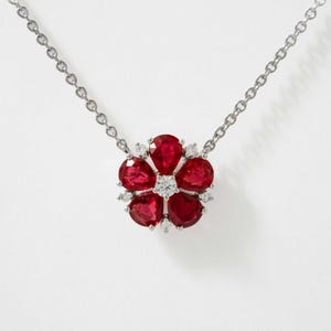 1.29 Carat Pear-shaped Ruby & Lab-Grown Diamond Flower Pendant Necklace in Gold