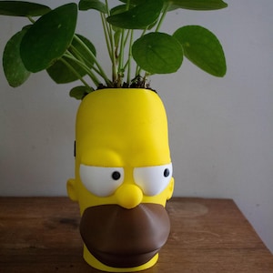 Puede incluir: Una maceta amarilla con forma de cabeza de personaje de dibujos animados, con ojos blancos y boca marrón. La maceta contiene una planta verde con hojas redondas. Descansa sobre una superficie de madera.