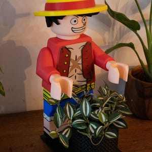 Peut inclure: Une figurine imprimée en 3D d'un personnage de dessin animé portant un chapeau jaune et rouge, une veste rouge et un pantalon bleu. La figurine tient une petite plante en pot avec des feuilles rayées vertes et blanches. La figurine mesure environ 30 cm de haut.