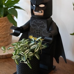 Peut inclure: Un pot de fleurs noir sur le thème de Batman, en forme de figurine Lego, tenant un petit panier noir tressé rempli d'une plante rayée verte et blanche. Le pot a une base noire et une cape. Le logo "GRADID-3D" est visible.