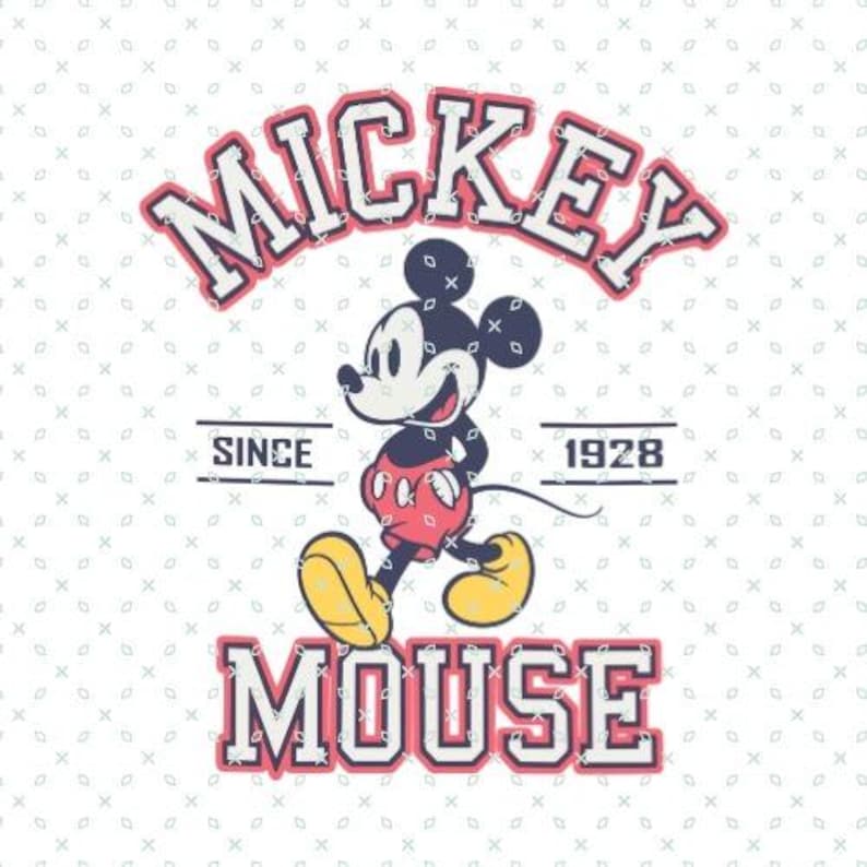 K&ouml;nnte beinhalten: Eine Grafik im Vintage-Stil mit Mickey Mouse, der geht, mit dem Text "Mickey Mouse" in einem roten und wei&szlig;en Banner &uuml;ber ihm und "Since 1928" in einem kleineren Banner unter ihm.