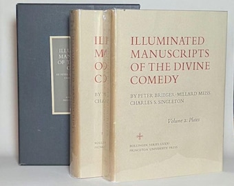 May include: Two beige hardcover books titled Illuminated Manuscripts of the Divine Comedy by Peter Brieger, Millard Meiss, and Charles S. Singleton, Volume 2: Plates, housed in a dark gray slipcase with a matching label on the spine.