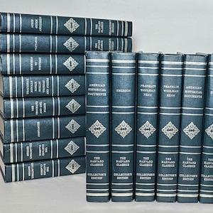 May include: A collection of The Harvard Classics, Collector's Edition books. The books have dark blue covers with silver lettering and diamond patterns. Titles include "American Historical Documents" and "Emerson."