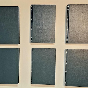 May include: Six hardcover books with dark teal covers are arranged on a light background. The spines have vertical silver accents. The books are rectangular and appear to be of similar size and style.