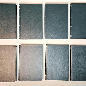 May include: An overhead shot of eight hardcover books. The books are arranged in two rows of four. The covers are a dark teal color, with a textured appearance. The spines are black with silver accents.