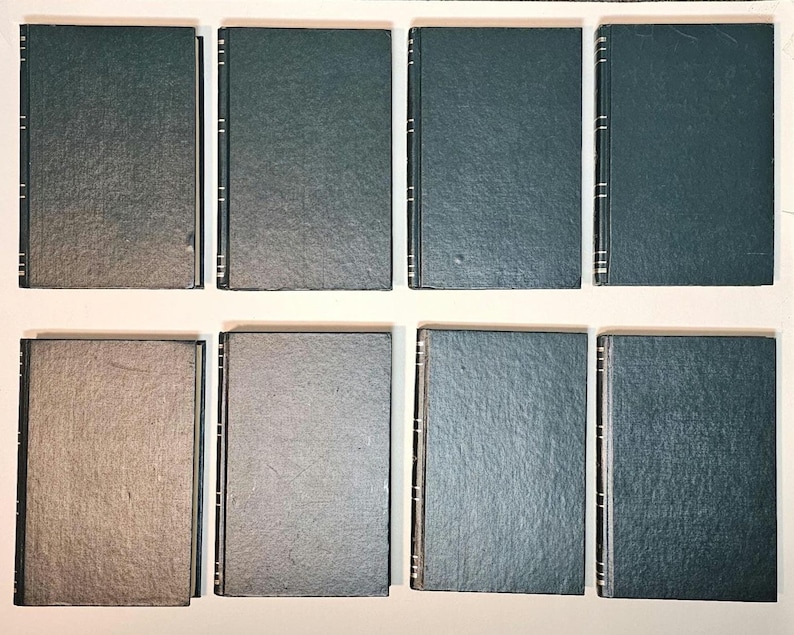 May include: An overhead shot of eight hardcover books. The books are arranged in two rows of four. The covers are a dark teal color, with a textured appearance. The spines are black with silver accents.