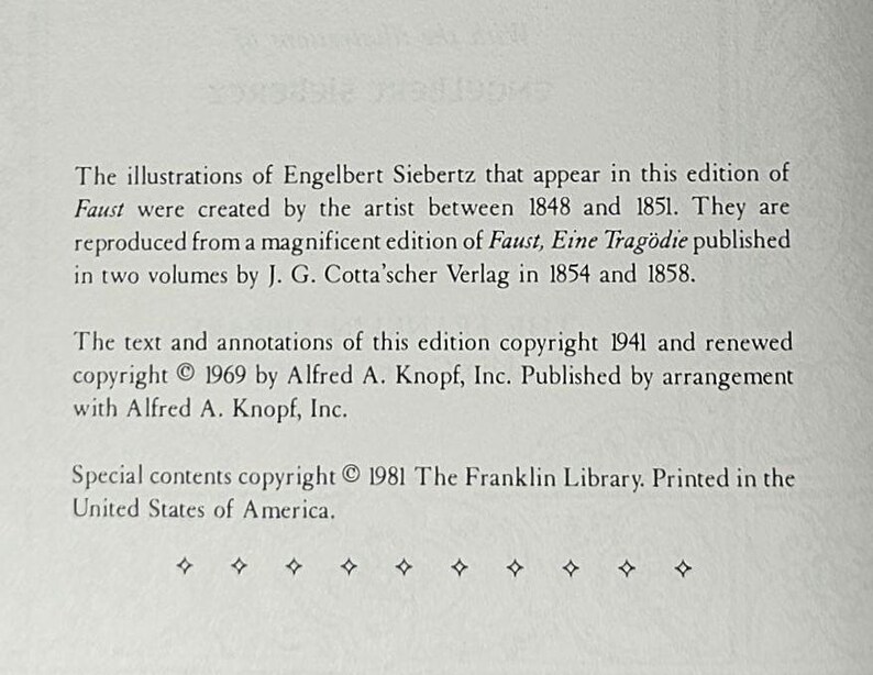 May include: Text from a book page, detailing the illustrations of Engelbert Siebertz in an edition of Faust. The text mentions the artist, publication dates, and copyright information. The text is printed in black on a white background.