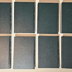 May include: Eight hardcover books with dark green covers are arranged on a light beige surface. The books are rectangular, with a textured appearance. The spines have gold accents. The books are likely part of a collection or set.