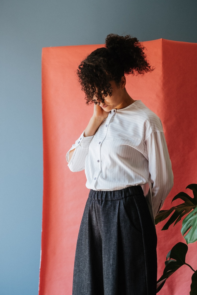 Nami shirt in white pinstripe cotton with side slit long sleeves with cuffs with buttons japanese inspired blouse oversize blouse