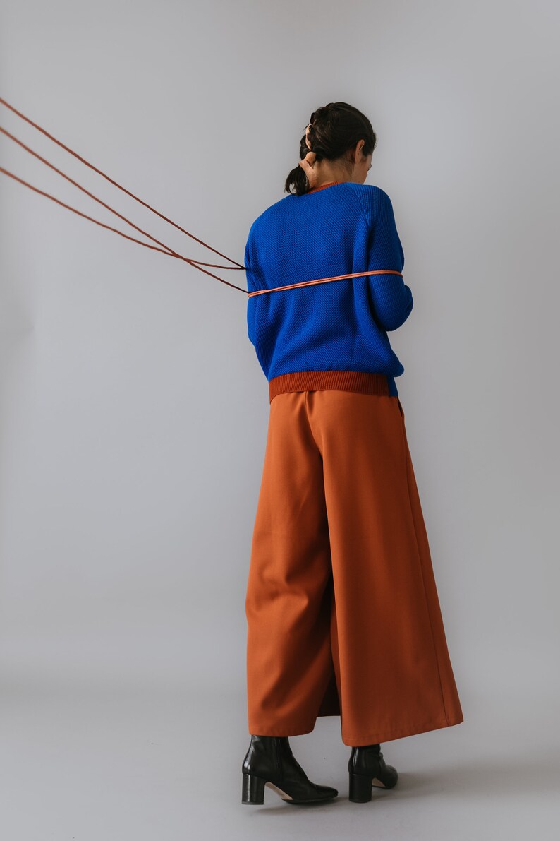 PREORDER- Rust Orange wool fabric Palazzo Pants pleated trousers maxi pants Wide Leg wide leg trousers palazzo pants
