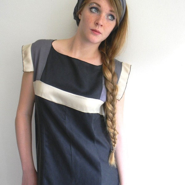 Black, Taupe Gray and Cream Geometric Vintage inspired Silk Dress