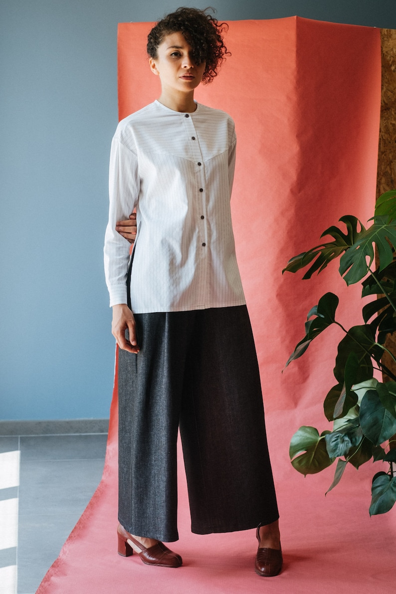 Nami shirt in white pinstripe cotton with side slit long sleeves with cuffs with buttons japanese inspired blouse oversize blouse